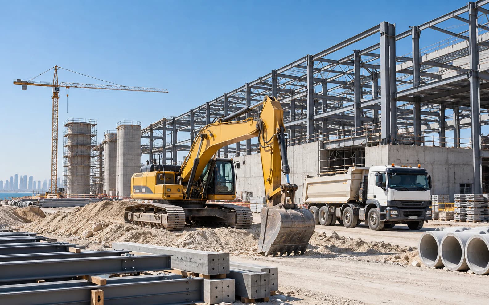 Excavator and transport truck at a structural construction site in Qatar